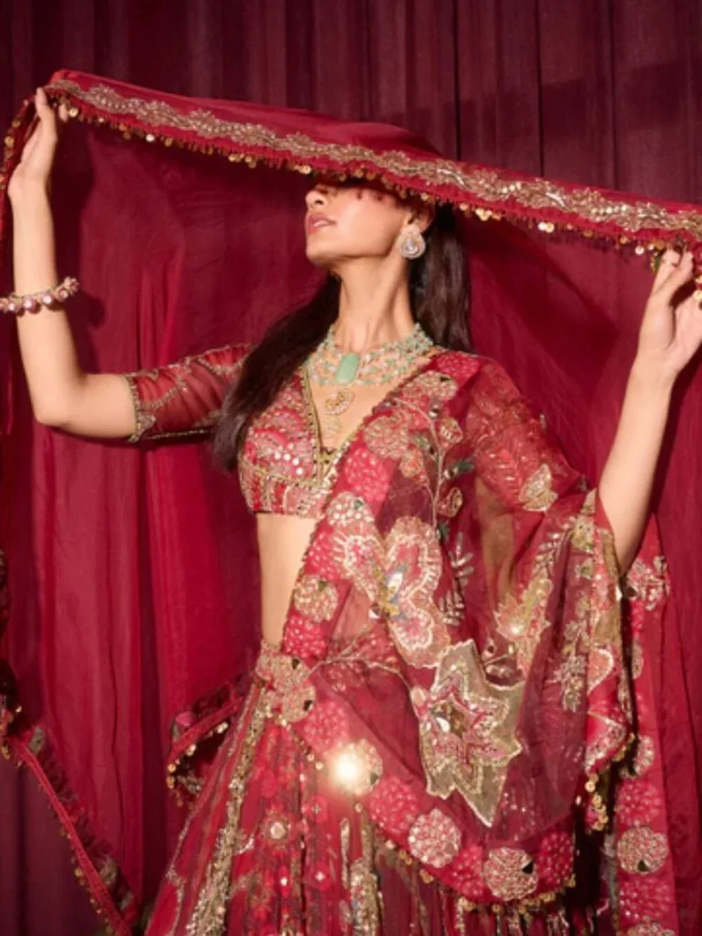 Mahima Mahajan Dark Red Lengha Ehlam with Veil (MMM-WF24-954) - Picture 4 of 12
